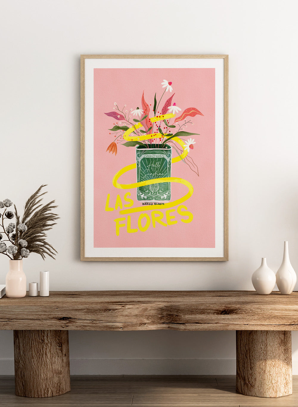 Illustration of a flower arrangement in a can with 'Las Flores' text on a pink background. Las Flores by Baroo Bloom is a colorful floral art print with playful illustration and bold lettering. Officially licensed wall poster with optional framing.