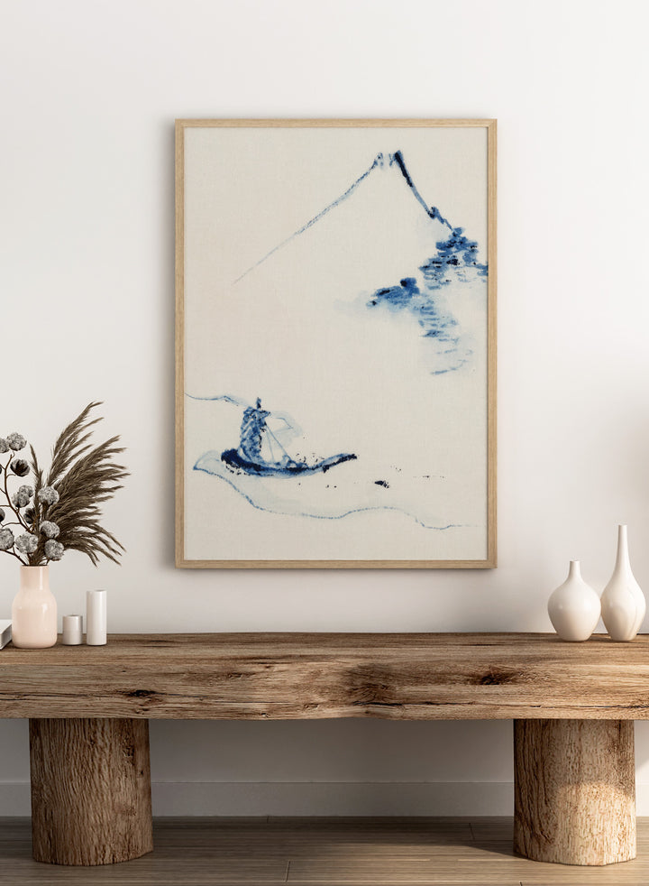 Katsushika Hokusai A Person in a Small Boat on a River with Mount Fuji Art Print