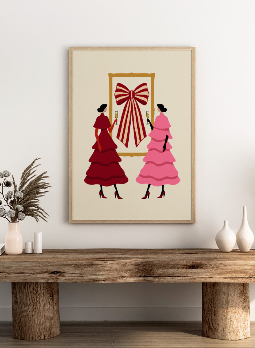 Shop Elegant Bow Celebration by Dominique Vari, a festive fashion wall art print poster featuring two women, champagne glasses, layered dresses, and a bold striped bow.