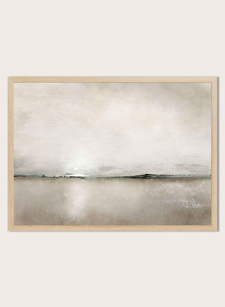 Shop Sunlight Bay by Dan Hobday, a soft coastal landscape art print featuring a pale horizon, warm neutral tones, subtle sunlight, and layered texture.