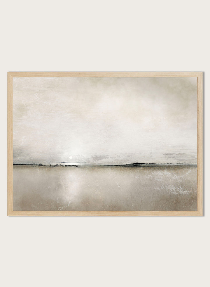 Shop Sunlight Bay by Dan Hobday, a soft coastal landscape art print featuring a pale horizon, warm neutral tones, subtle sunlight, and layered texture.