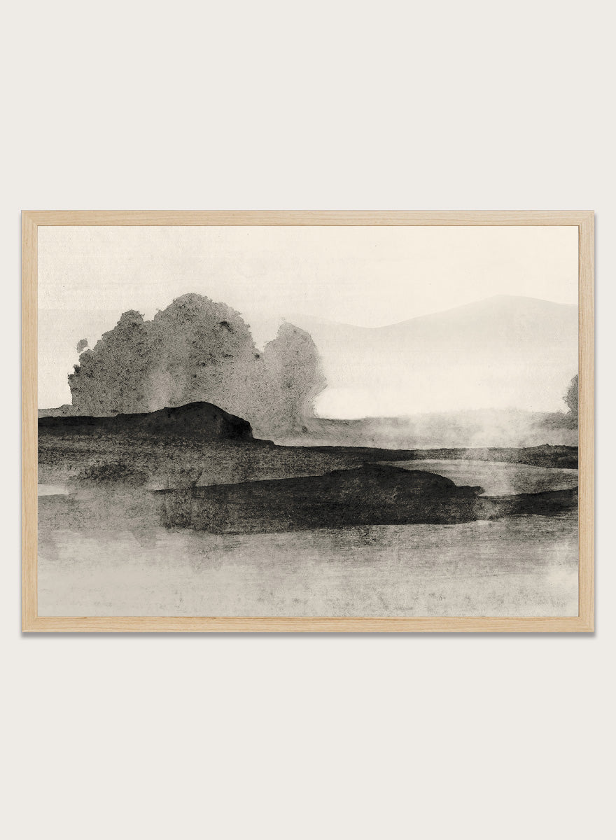 Shop Land No. 01 by Dan Hobday, a muted landscape art print featuring dark landforms, soft trees, distant hills, and layered neutral texture.