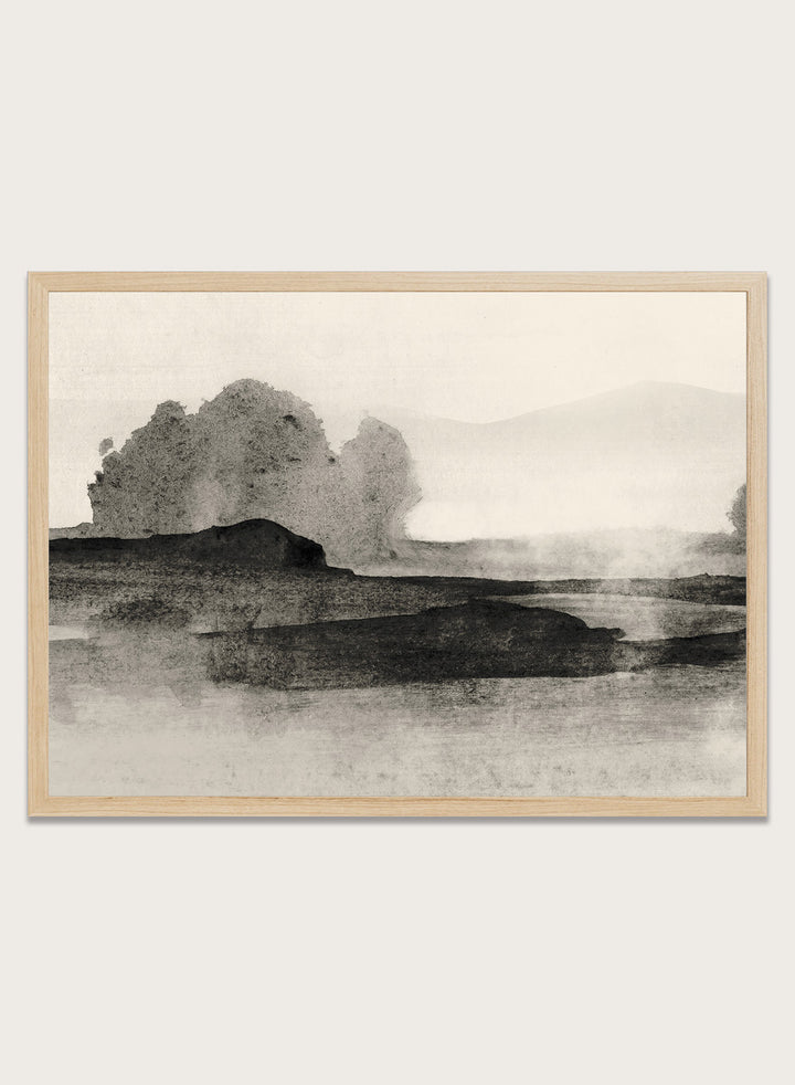 Shop Land No. 01 by Dan Hobday, a muted landscape art print featuring dark landforms, soft trees, distant hills, and layered neutral texture.