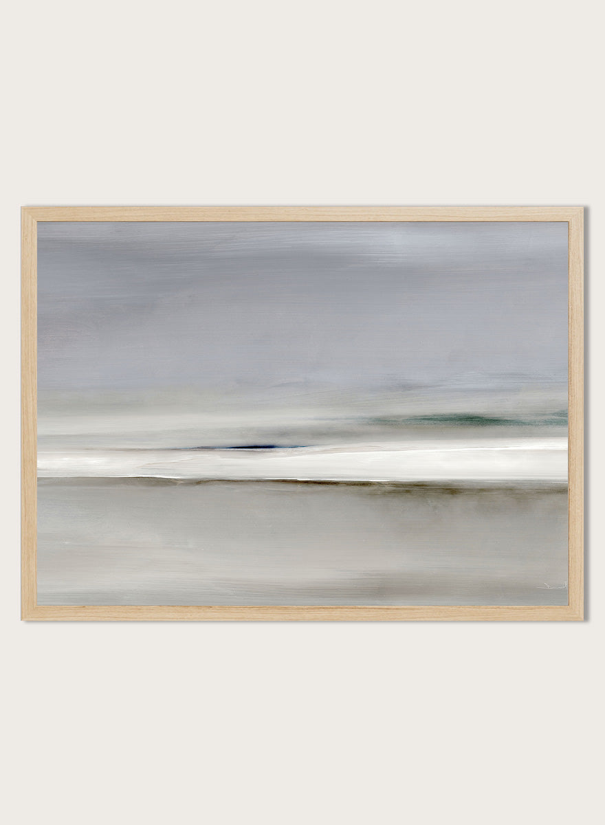 Shop Horizon by Dan Hobday, a soft abstract landscape art print featuring muted gray, green, and cream tones with layered horizontal brushwork.