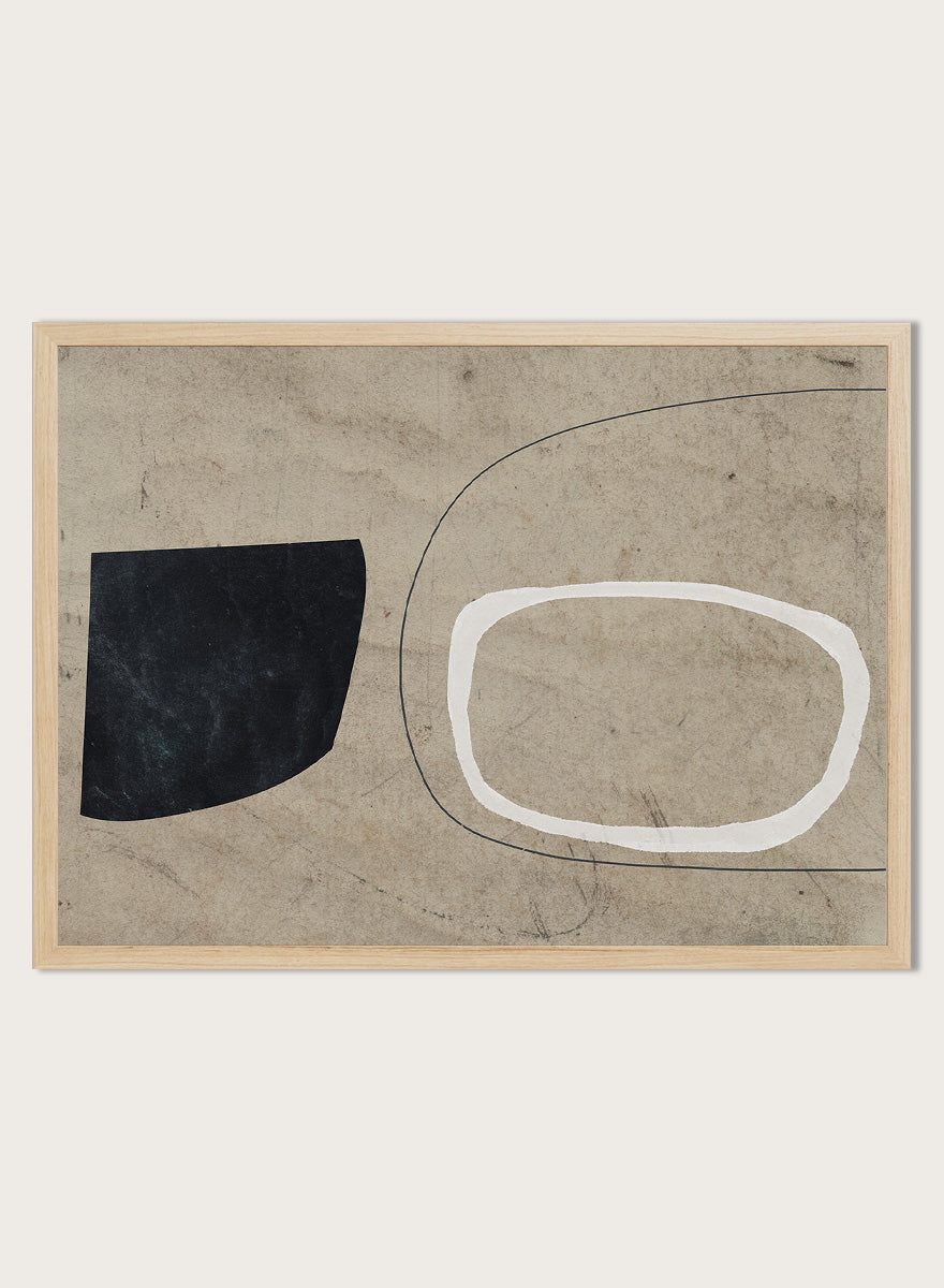 Shop Comfort by Dan Hobday, a contemporary abstract art print featuring bold black and white forms, curved linework, warm beige tones, and textured detail.