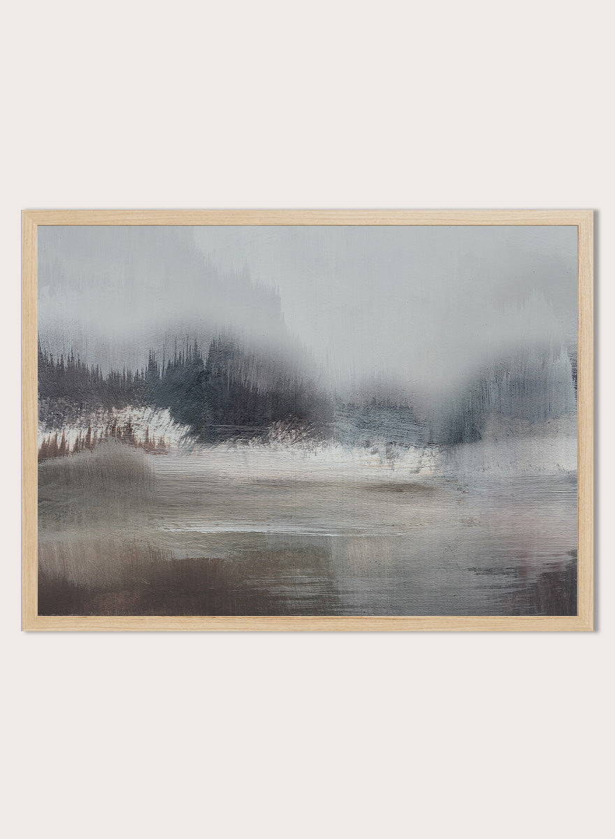 Shop Forest Lake by Dan Hobday, a misty landscape art print featuring dark forest trees, reflective water, soft gray-blue tones, and layered brush texture.