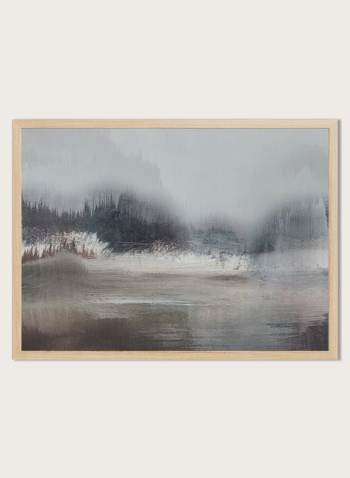 Shop Forest Lake by Dan Hobday, a misty landscape art print featuring dark forest trees, reflective water, soft gray-blue tones, and layered brush texture.