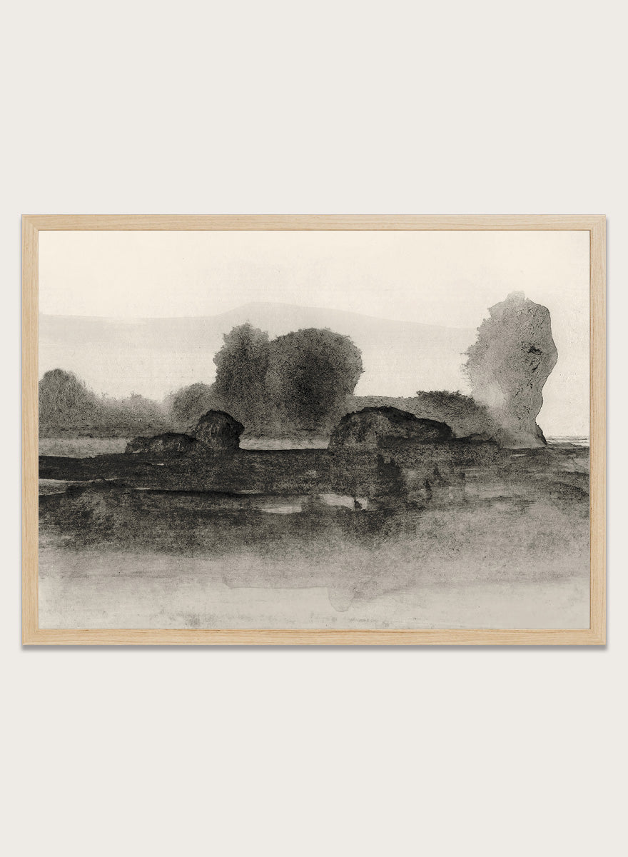 Shop Land No. 02 by Dan Hobday, a moody landscape art print featuring dark trees, layered fields, muted neutral tones, and soft atmospheric texture.