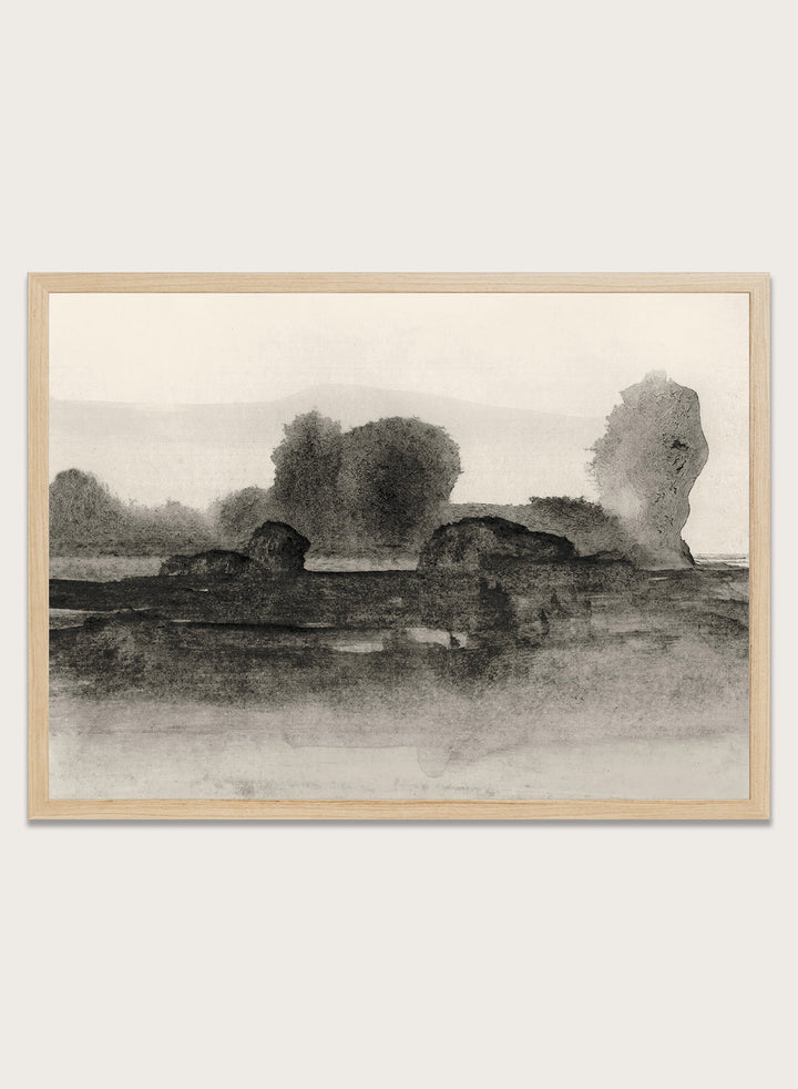 Shop Land No. 02 by Dan Hobday, a moody landscape art print featuring dark trees, layered fields, muted neutral tones, and soft atmospheric texture.