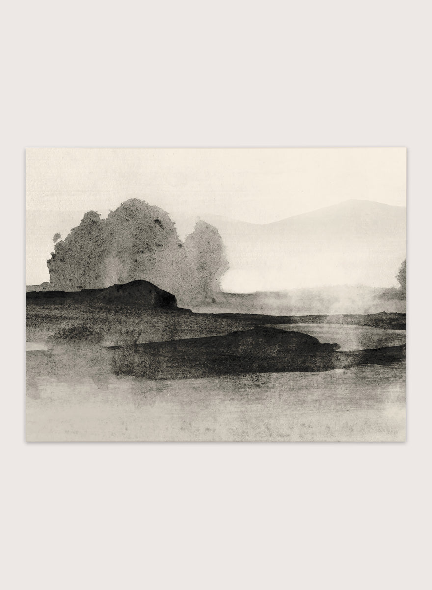 Shop Land No. 01 by Dan Hobday, a muted landscape art print featuring dark landforms, soft trees, distant hills, and layered neutral texture.