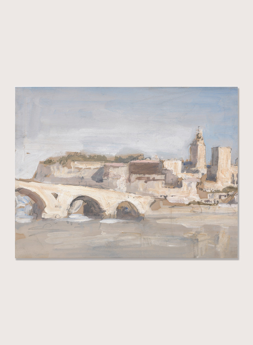 A framed art print depicting a scenic landscape with a stone bridge over water, historic buildings, and a church tower under a pale sky. Avignon; Bridge over a River by Hercules Brabazon Brabazon is a vintage watercolor art print featuring a stone bridge, river, and pale city skyline.
