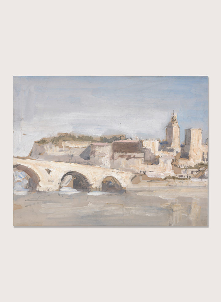 A framed art print depicting a scenic landscape with a stone bridge over water, historic buildings, and a church tower under a pale sky. Avignon; Bridge over a River by Hercules Brabazon Brabazon is a vintage watercolor art print featuring a stone bridge, river, and pale city skyline.