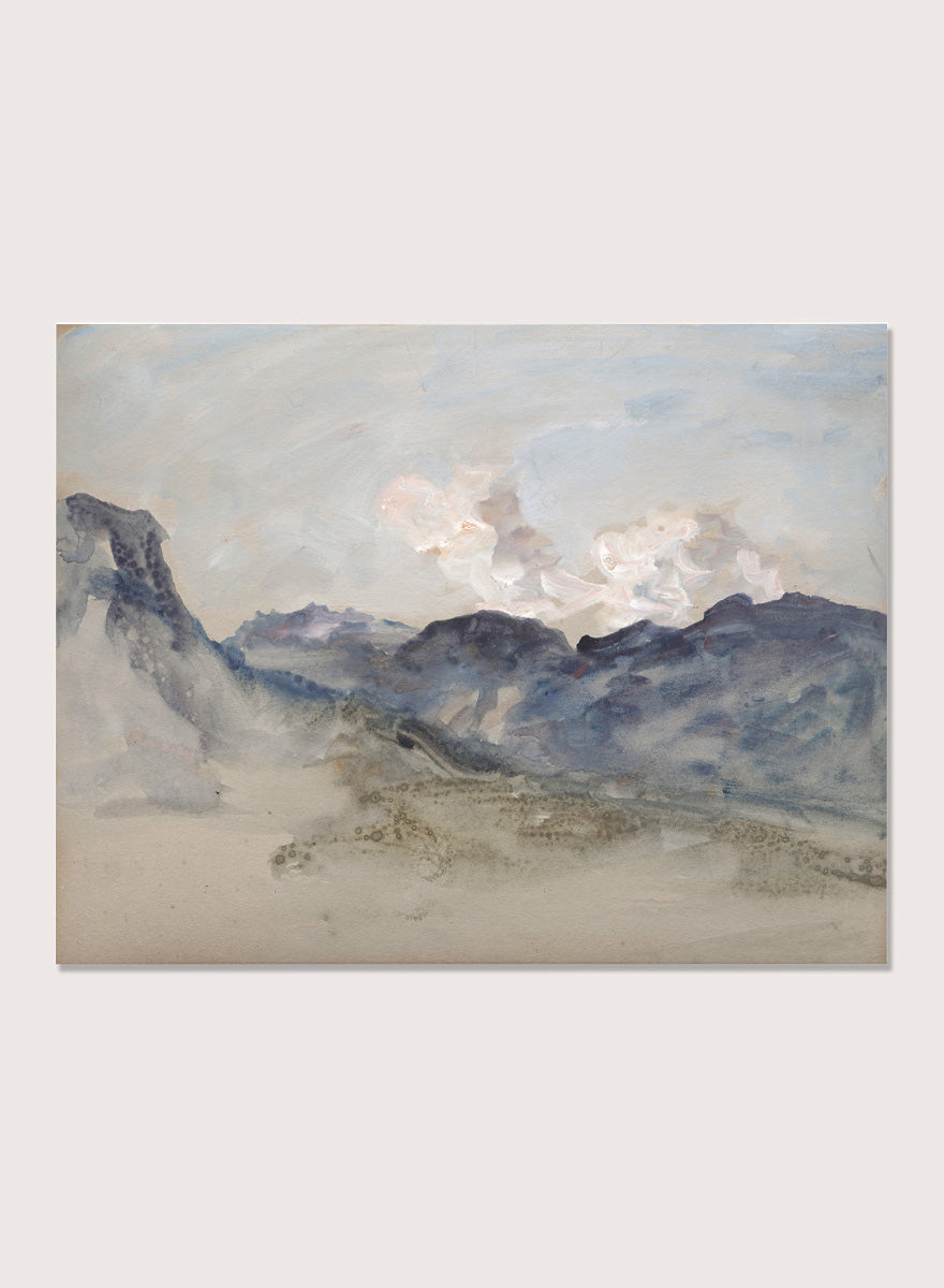 A framed landscape painting featuring blue and gray mountains under a pale sky with soft white clouds. In the Alps by Hercules Brabazon Brabazon is a vintage watercolor art print featuring snowy peaks, blue-grey mountains, soft clouds, and a misty alpine view.
