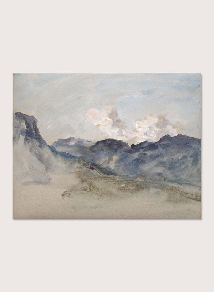 A framed landscape painting featuring blue and gray mountains under a pale sky with soft white clouds. In the Alps by Hercules Brabazon Brabazon is a vintage watercolor art print featuring snowy peaks, blue-grey mountains, soft clouds, and a misty alpine view.