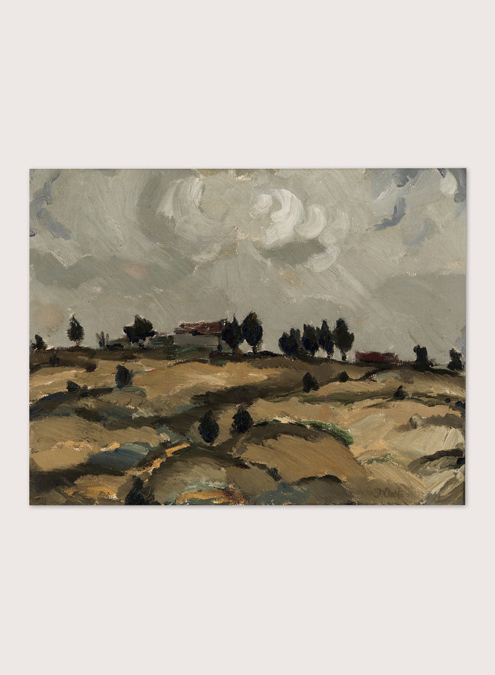 Shop Autumn Landscape with Clouds by Ilmari Aalto, a vintage Finnish landscape wall art print poster depicting rolling fields beneath a dramatic gray sky.