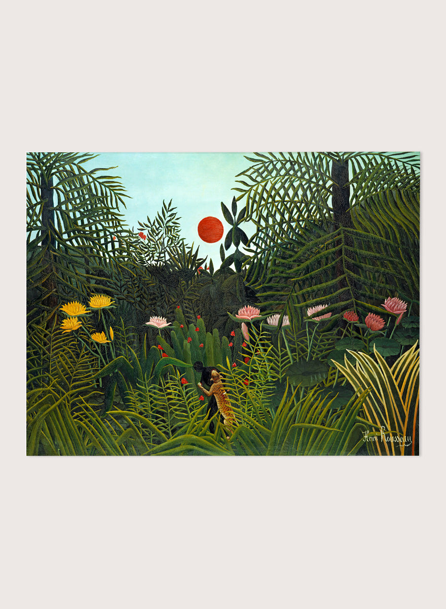 A framed art print depicting a lush, stylized jungle scene with dense green foliage, a small figure, and a bright red sun against a pale sky. Virgin Forest with Sunset by Henri Rousseau is a vintage jungle art print featuring lush tropical foliage, bright flowers, wildlife, and a red setting sun.