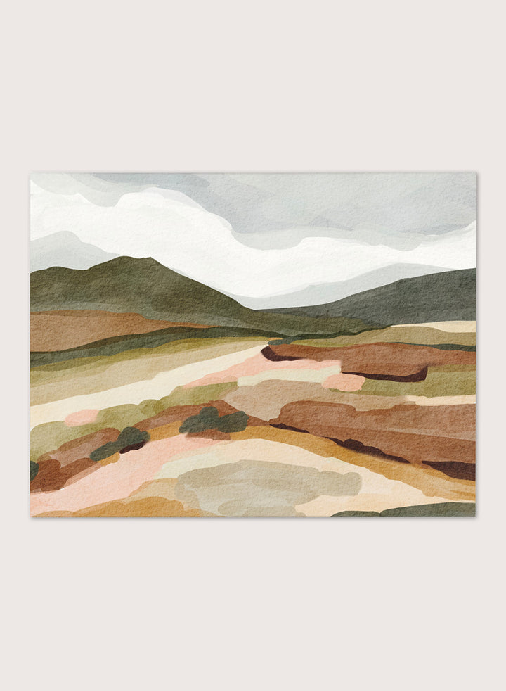 Shop Muted Mountain Landscape by Nikita Jariwala, a modern mountain wall art print poster with abstract hills, olive green, brown, cream, blush, and charcoal tones.