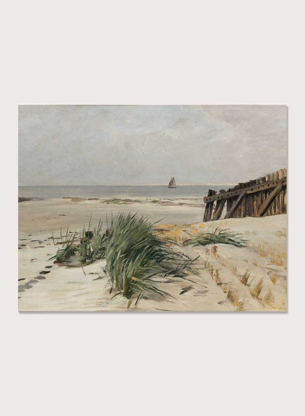 Featuring the original Eugen Dücker's Artwork "On the Beach", this pastel beige and green European vintage coastal tropical ocean beach landscape oil painting wall art print showcases a classic rustic moody antique style that is perfect for any boho or modern farmhouse inspired space with muted or neutral colors. 