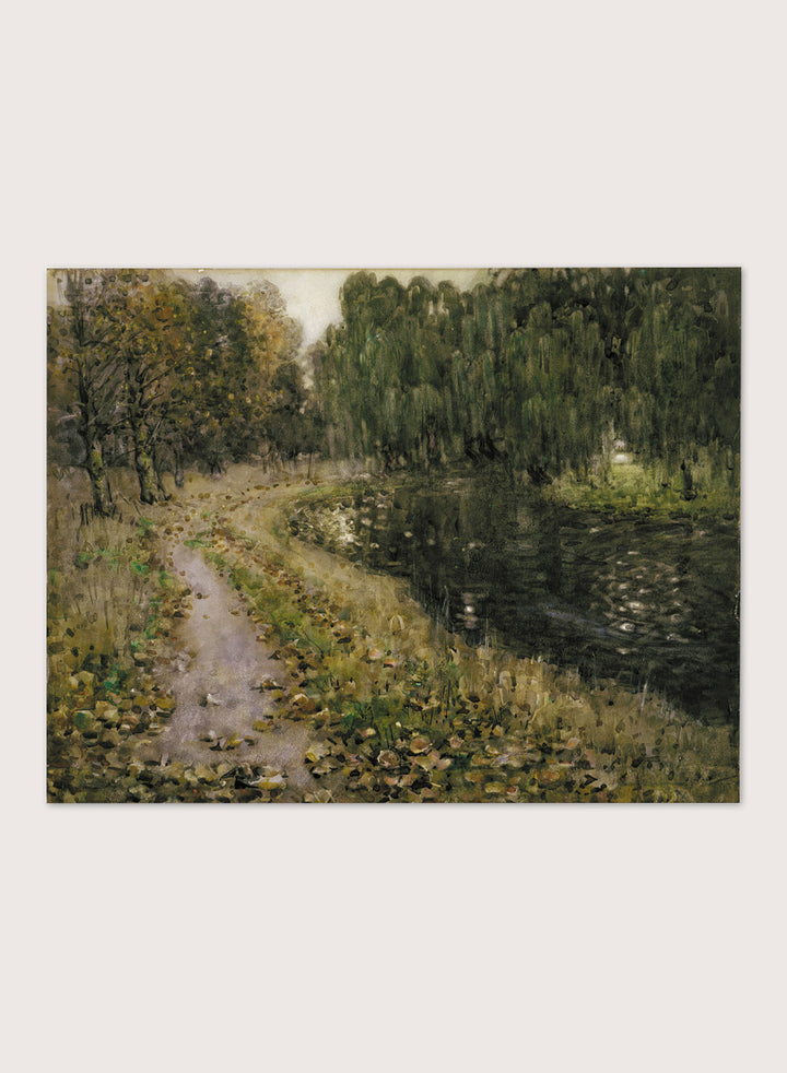 Shop Riverside, Autumn by Margaret Stoddart, a vintage landscape wall art print poster depicting a leafy river path in Christchurch in rich green tones.