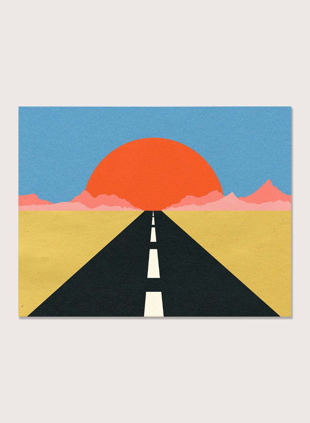 Simplified illustration of a road leading to a large red sun in a blue sky. Road To Sun by Rosi Feist is a modern landscape art print featuring a minimalist desert road, bold sunset colors, and contemporary graphic poster design.