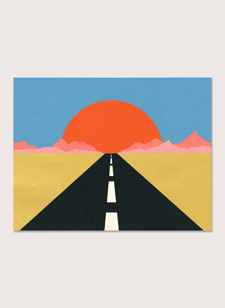 Simplified illustration of a road leading to a large red sun in a blue sky. Road To Sun by Rosi Feist is a modern landscape art print featuring a minimalist desert road, bold sunset colors, and contemporary graphic poster design.