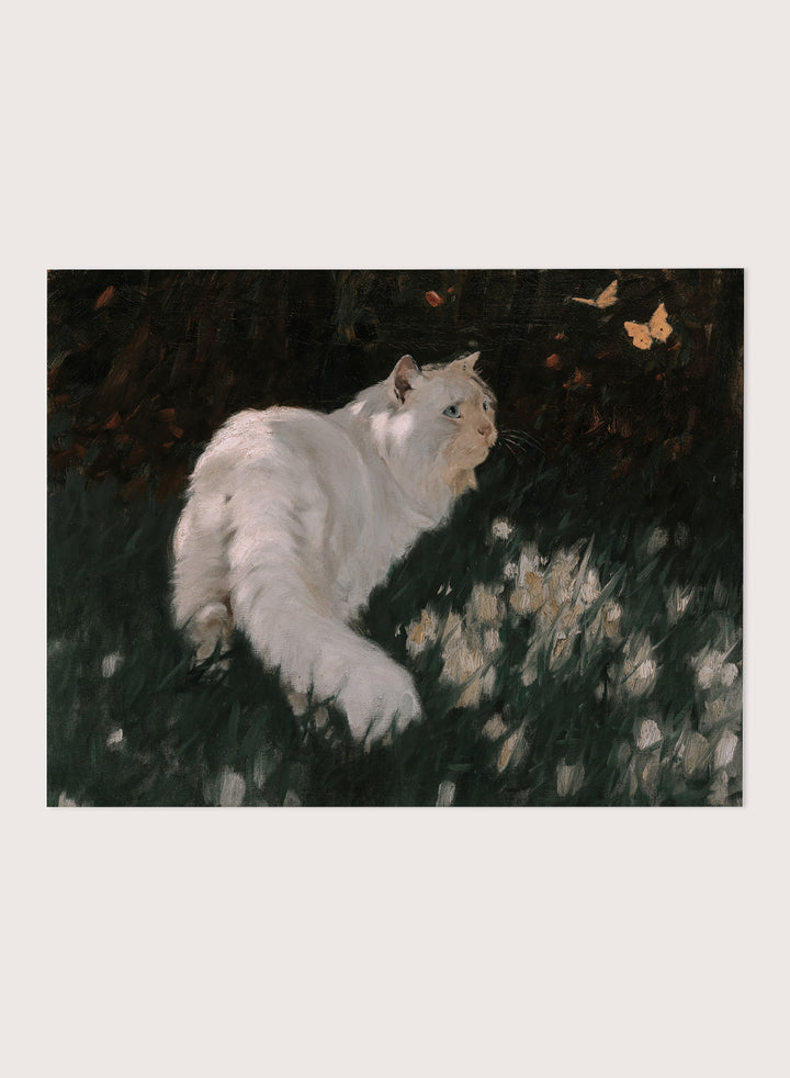 "White Cat and Butterflies" Art Print