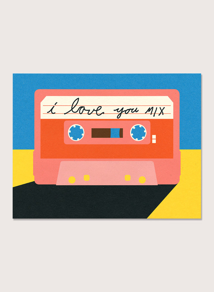 Illustration of a cassette tape with 'I love you mix' text on a blue and yellow background. I Love You Mix Tape by Rosi Feist is a bold pop art print of a retro cassette with a handwritten love note. Officially licensed wall poster with framing.