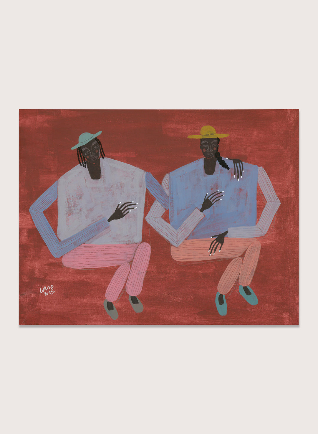Artistic depiction of two figures holding hands on a red background. Better With You by Studio IMO (Ibi Meier-Oruitemeka) is a modern figurative art print with two figures, bold color, and contemporary wall poster design.