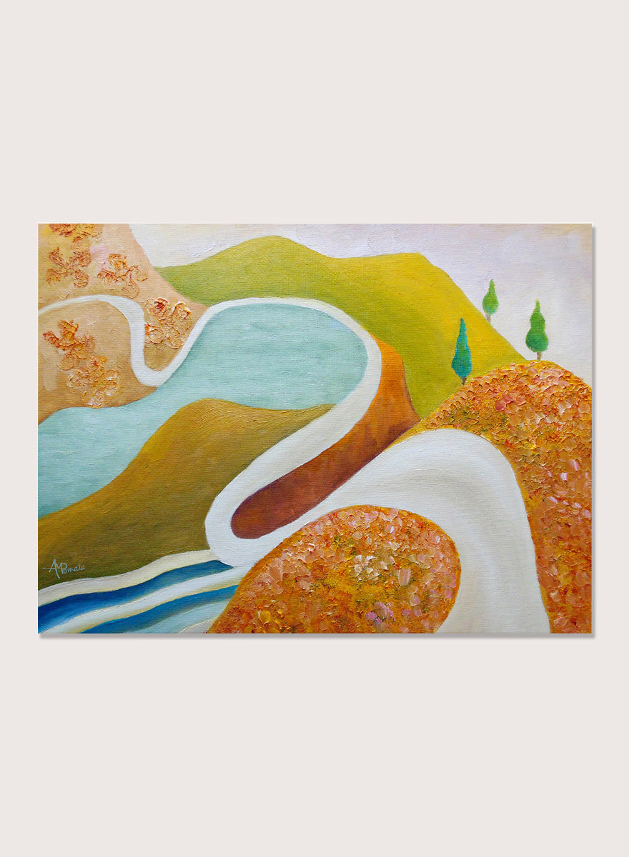 A framed abstract landscape painting featuring winding light blue and white river-like curves, green hills, and textured orange-brown foreground shapes. Shop Serene Valley Path by Angeles M. Pomata, a colorful landscape art print featuring a winding path, river, rolling hills, and warm earthy tones.