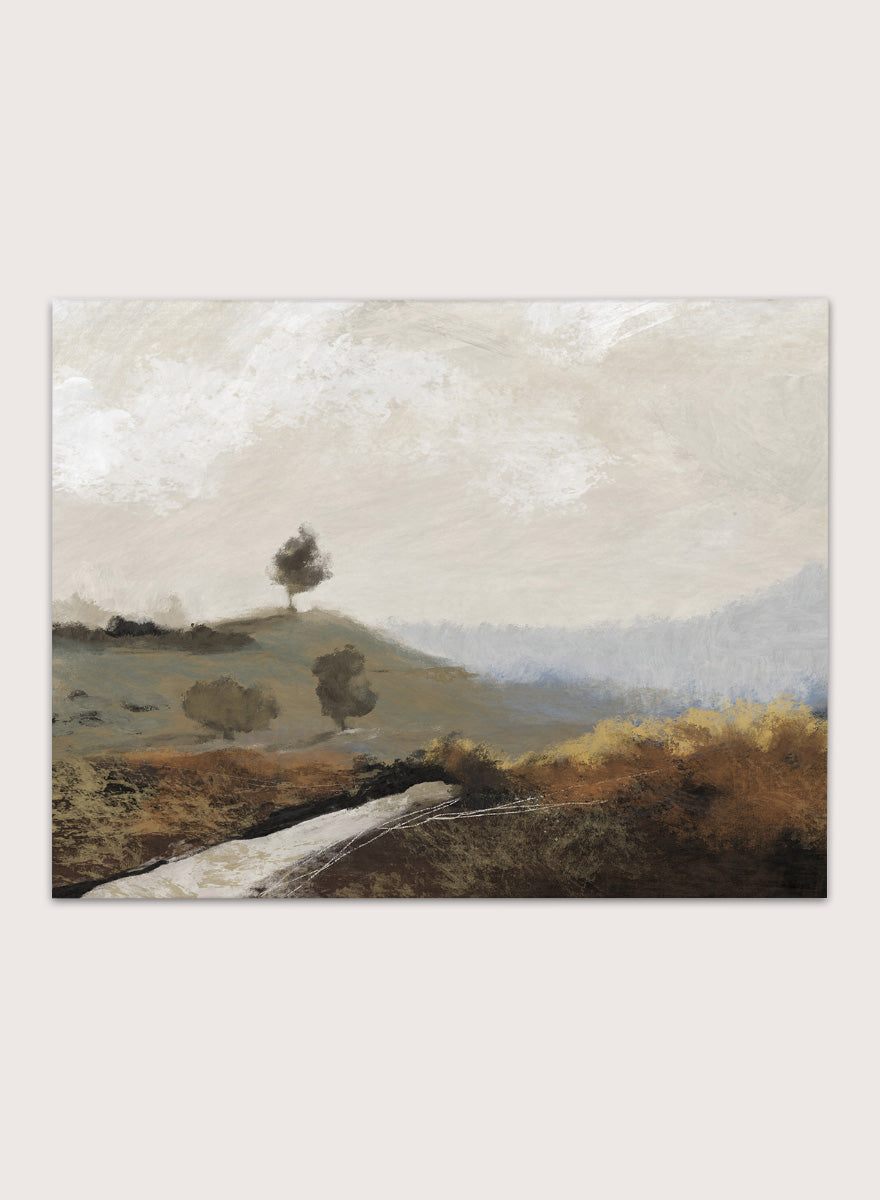 Shop La Collina by Dan Hobday, a contemporary landscape art print featuring rolling hills, scattered trees, earthy brown tones, and soft blue-gray distance.