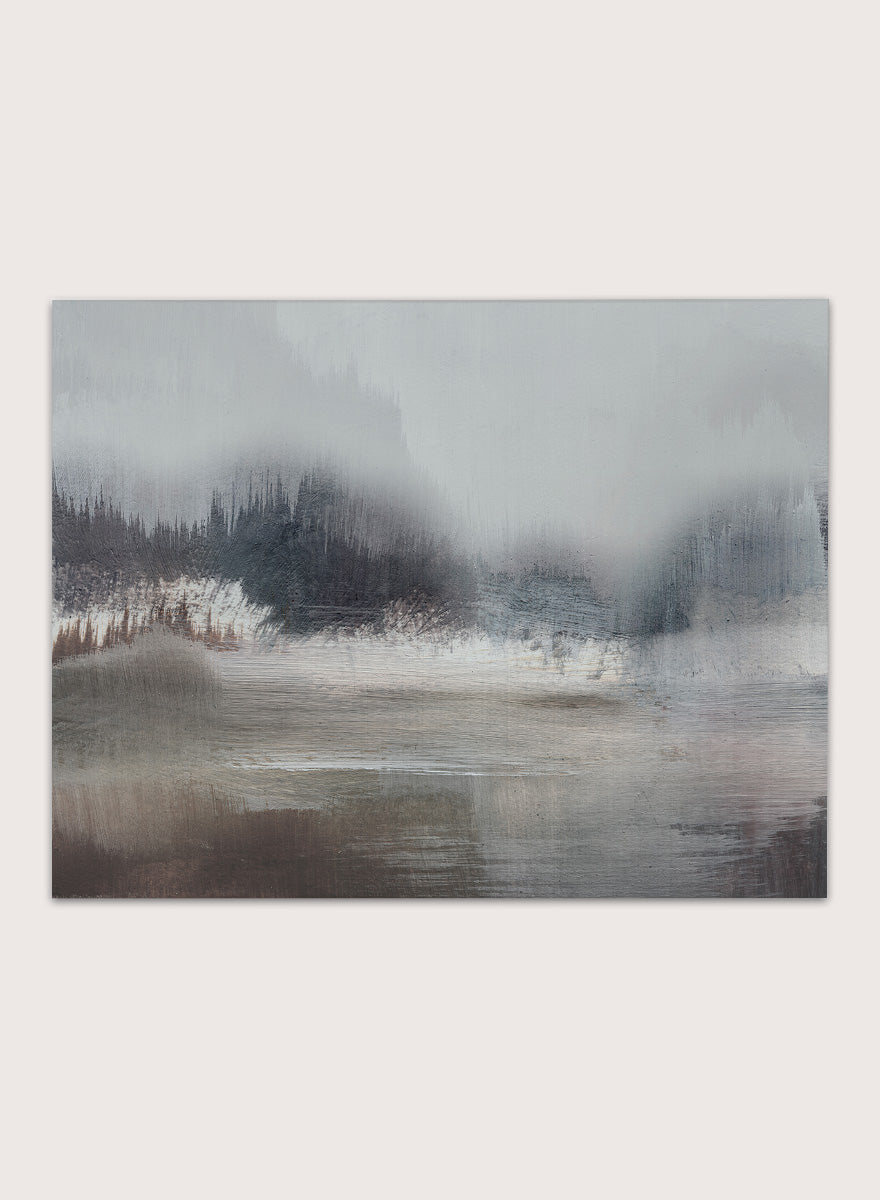 Shop Forest Lake by Dan Hobday, a misty landscape art print featuring dark forest trees, reflective water, soft gray-blue tones, and layered brush texture.