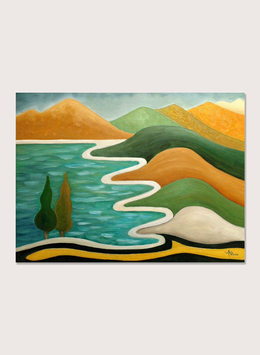 A framed landscape painting featuring stylized green hills, orange mountains, a winding white path, and a turquoise blue body of water with two dark green trees. Shop Abstract River Landscape by Angeles M. Pomata, a colorful abstract landscape art print featuring winding water, rolling hills, and bold earthy tones.