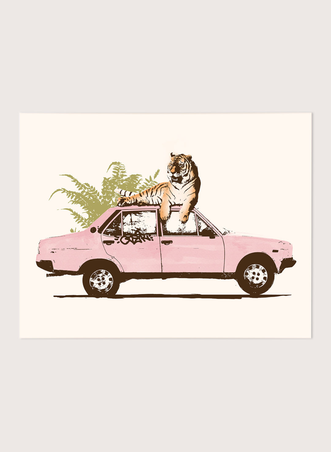 Framed artwork of a tiger in a pink car with greenery on a white background. Tiger On Pink Car by Florent Bodart is a surreal animal art print with a tiger on a vintage car, a modern wall poster with playful, bold, and imaginative design.