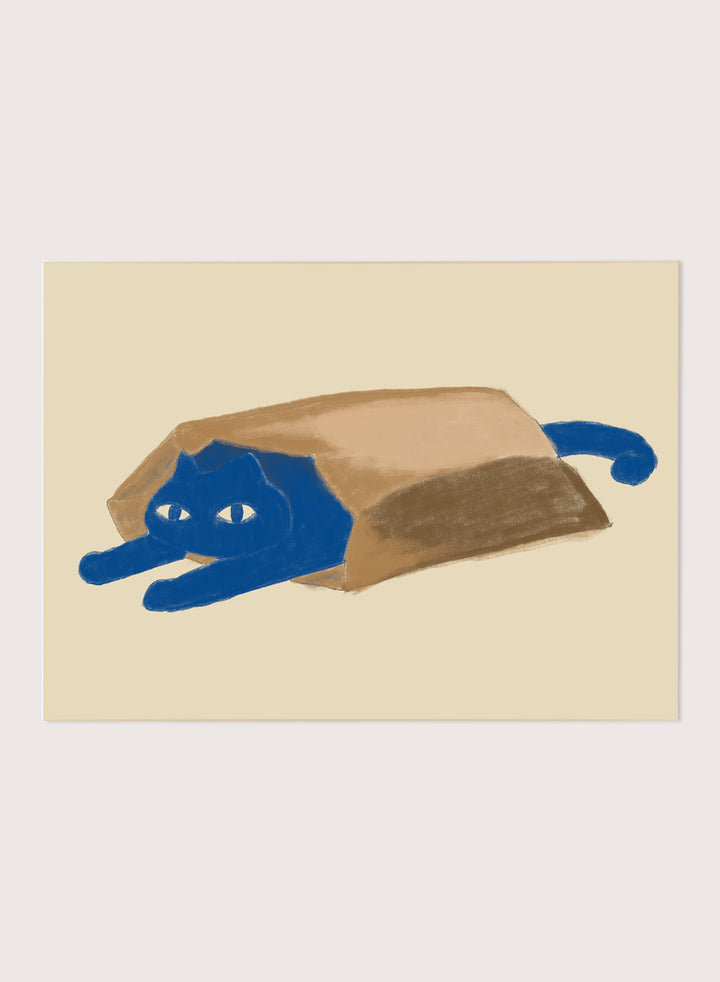 A framed art print featuring a whimsical illustration of a blue cat peeking out from inside a brown paper bag, set against a warm beige background. Blue Cat In A Bag by The Art Concept is a playful minimalist cat art print featuring a blue cat tucked inside a paper bag on a warm cream background.