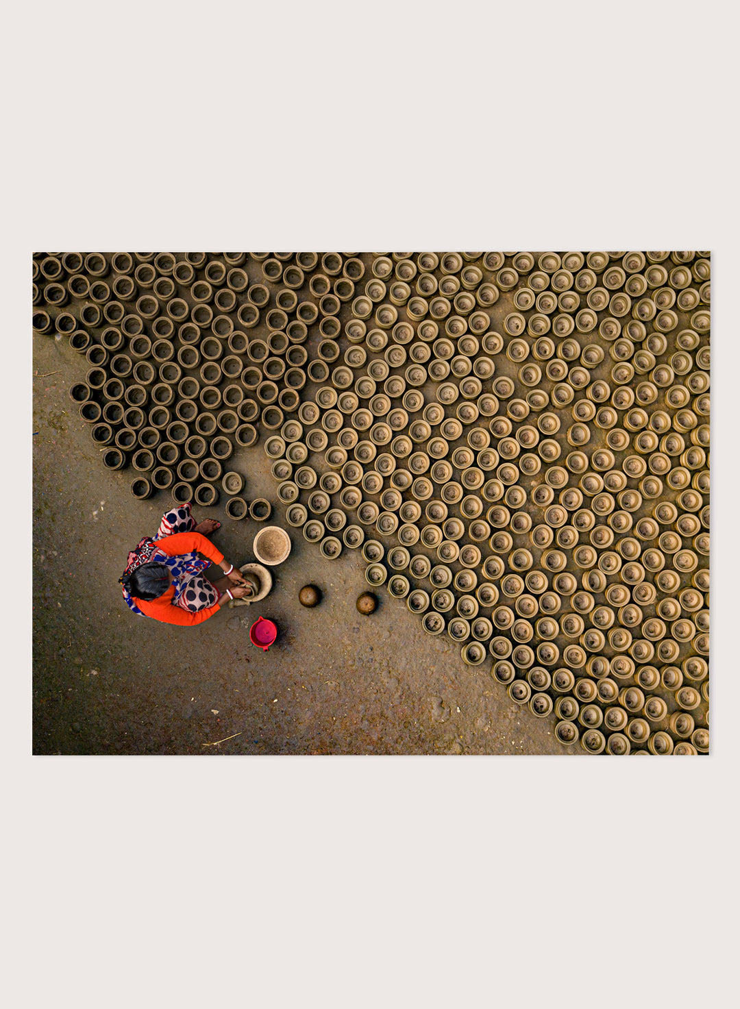 Pot Making by Azim Khan Ronnie aerial photography print showing clay pots drying in Bangladesh village, traditional craft wall art poster