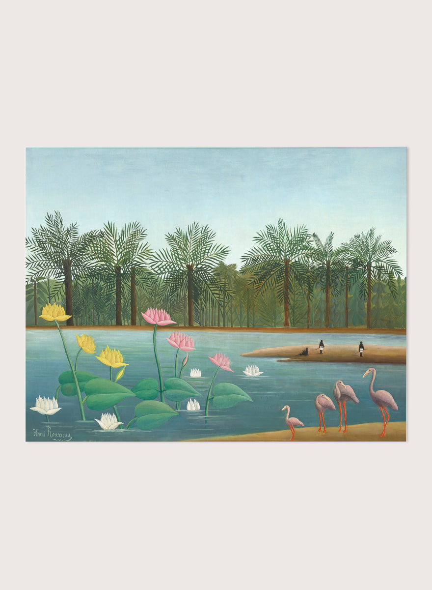 Shop The Flamingoes by Henri Rousseau, a vintage tropical nature landscape and animal art print featuring pink flamingoes, lotus flowers, palms, and blue water.