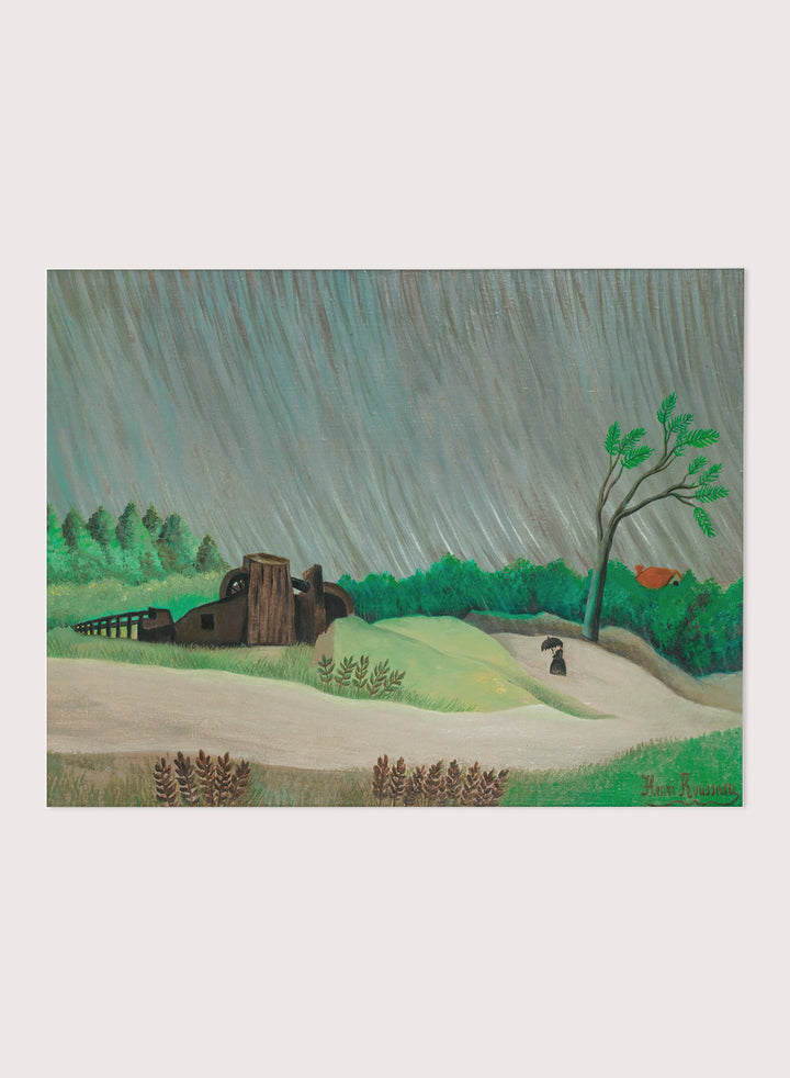 A framed landscape painting depicting a rainy day in a green valley with a small house, a lone tree, and a figure holding an umbrella. A Rainy Morning by Henri Rousseau is a vintage landscape art print featuring a rainy country road, umbrella figure, green fields, trees, and a rustic watermill.