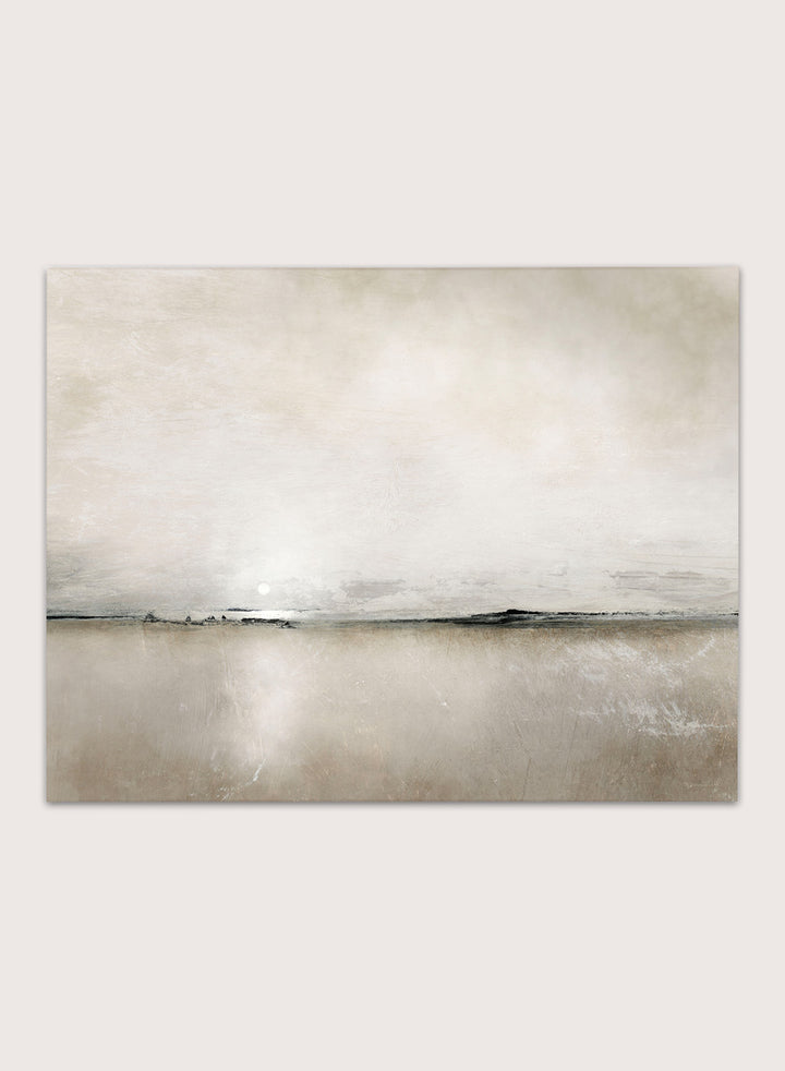 Shop Sunlight Bay by Dan Hobday, a soft coastal landscape art print featuring a pale horizon, warm neutral tones, subtle sunlight, and layered texture.