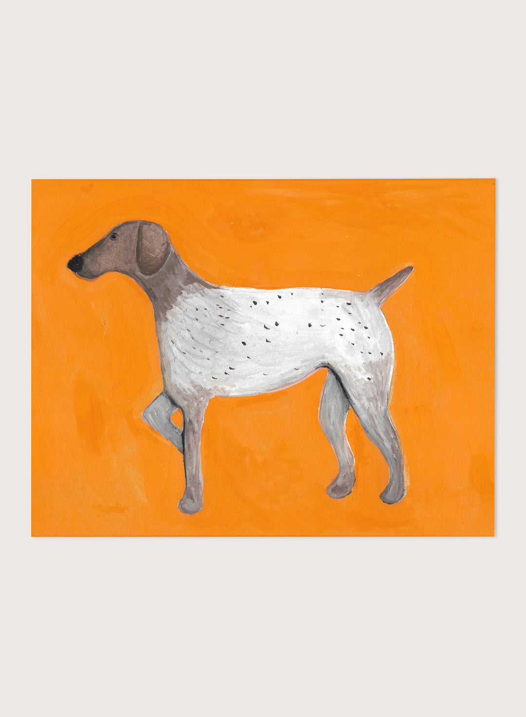 Framed artwork of a dog on an orange background. Orange Pointing Dog by Lerin Freyou is a hand painted minimal dog art print with bold orange background, modern animal poster with clean aesthetic style.