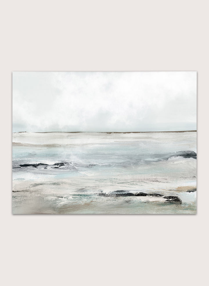 Shop Sandy Bay by Dan Hobday, a coastal landscape art print featuring soft blue-gray water, pale sky, textured shoreline, and layered neutral brushwork.