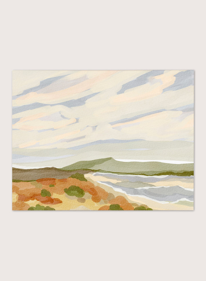 Shop Echos of Dream by Nikita Jariwala, a coastal landscape wall art print poster with abstract shoreline, soft clouds, sage hills, and warm ochre tones.