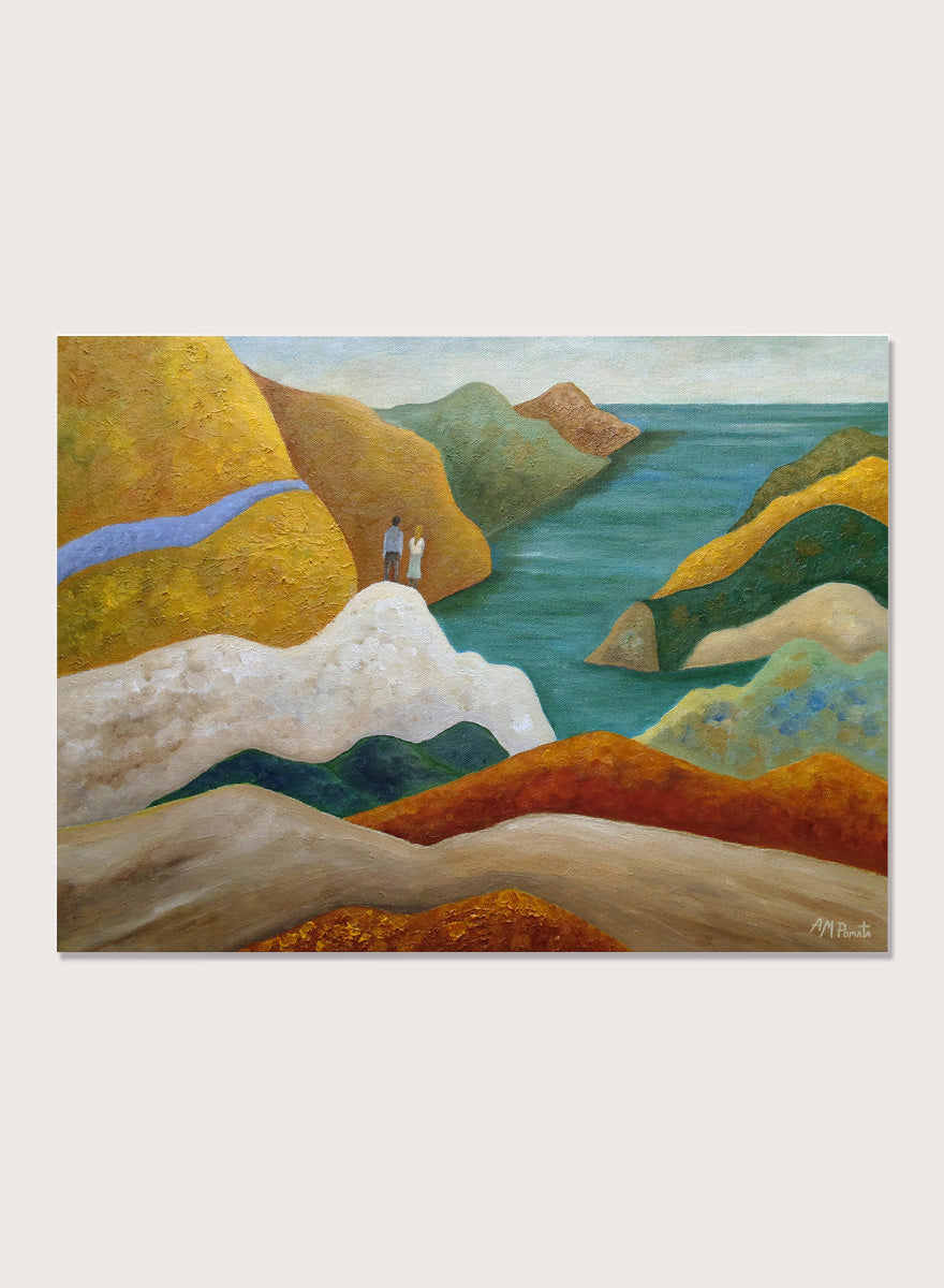 A framed landscape painting featuring stylized coastal cliffs, hills, and a body of water in earthy yellow, orange, green, blue, and white tones. Shop Couple Overlooking Coastal View by Angeles M. Pomata, a coastal landscape and figurative art print featuring a couple, rolling hills, and a blue sea view.