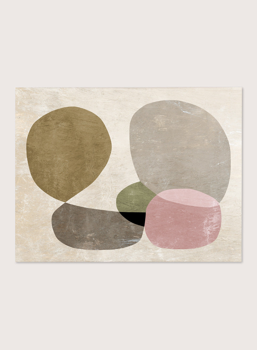 Shop Seven by Dan Hobday, a contemporary abstract art print featuring rounded geometric forms, muted olive, taupe, pink, and layered neutral texture.