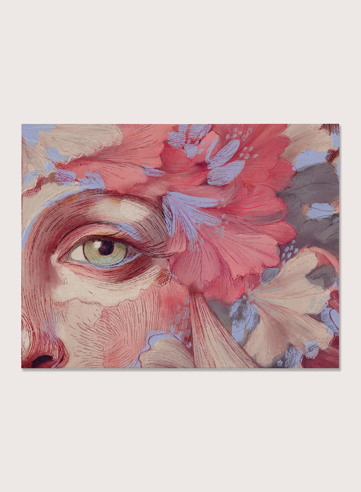 Artistic depiction of a face with flowers and an eye, using a color palette of reds, pinks, and browns. Floral Reverie No.01 by Treechild is a floral portrait illustration art print featuring expressive face detail, layered flowers, and contemporary wall art style.