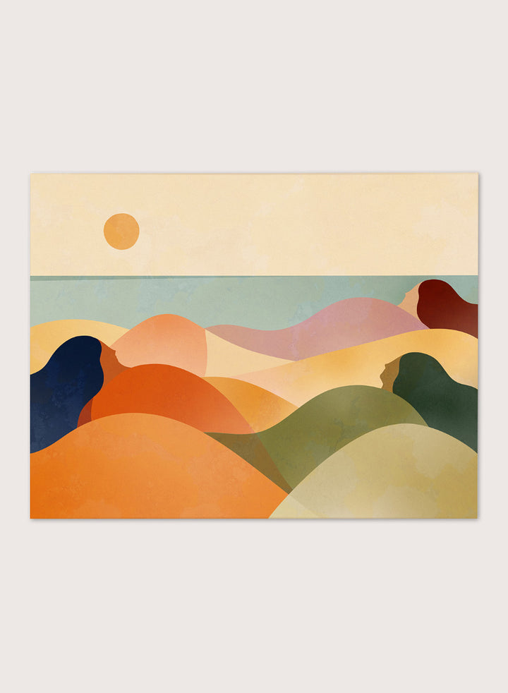 Shop Women On The Dunes by Dominique Vari, a retro beach wall art print poster featuring reclining women, rolling dunes, and a warm mid-century coastal landscape.