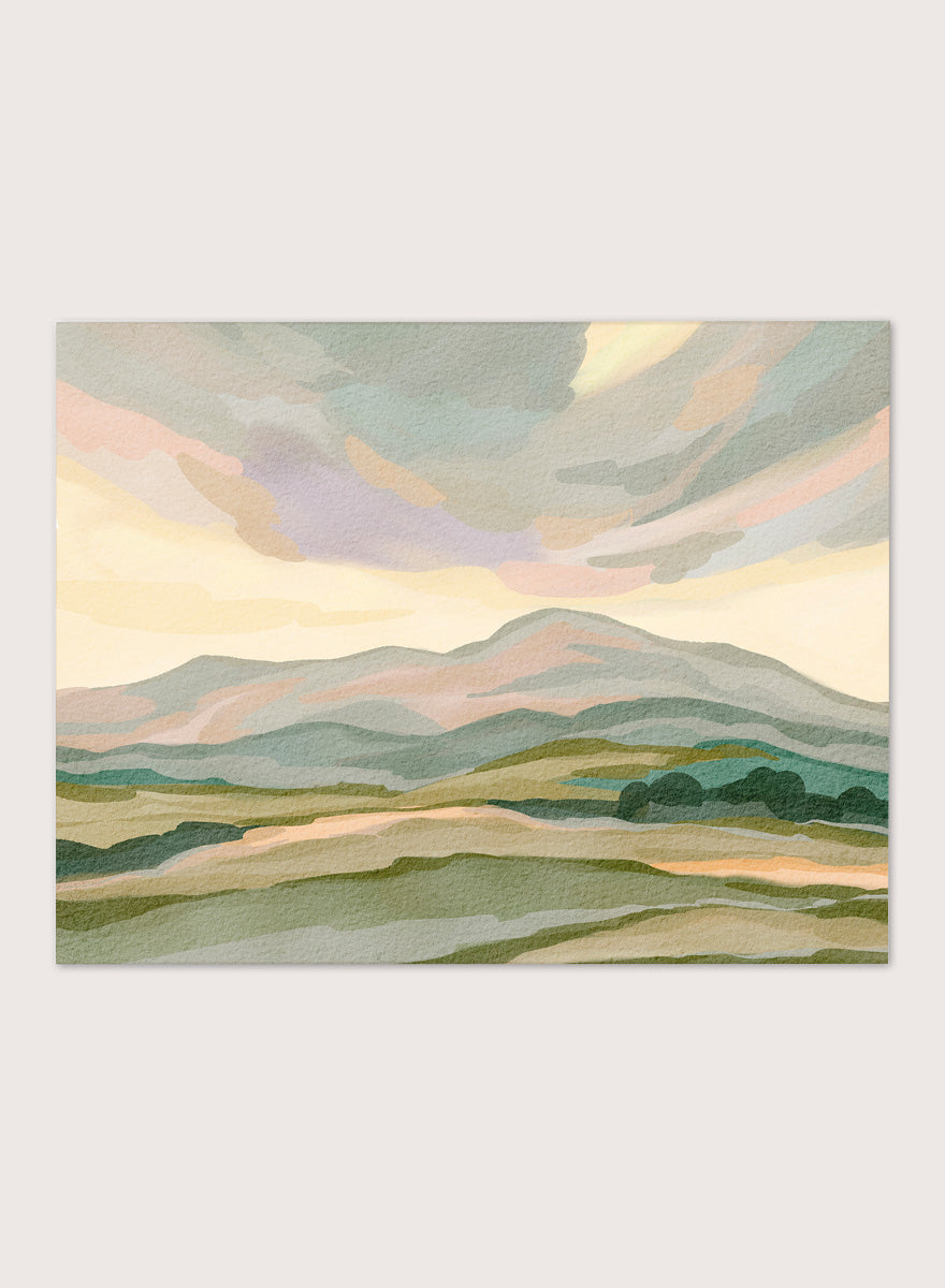 Shop Muted Mountain Landscape by Nikita Jariwala, a modern mountain wall art print poster with abstract hills, soft sage, dusty pink, gray, and cream tones.