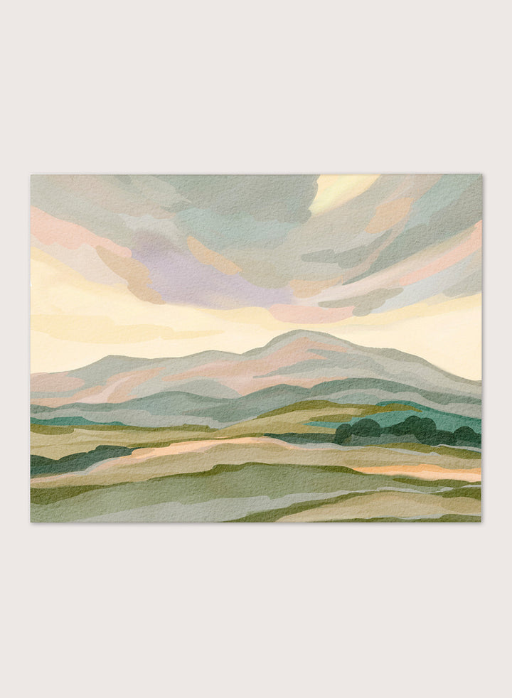 Shop Muted Mountain Landscape by Nikita Jariwala, a modern mountain wall art print poster with abstract hills, soft sage, dusty pink, gray, and cream tones.