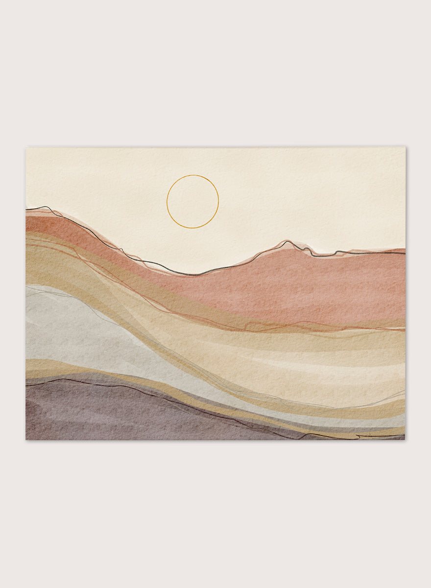 Shop Boho Desert Landscape by Nikita Jariwala, a modern desert wall art print with abstract hills, a simple sun, and warm terracotta, cream, beige, and mauve tones.