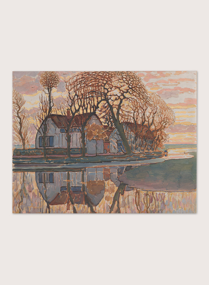 Shop Farm near Duivendrecht by Piet Mondrian, a vintage landscape wall art print poster featuring a farmhouse, bare trees, and reflections in soft brown tones.