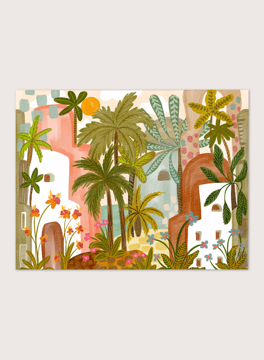 A framed art print featuring a whimsical, retro-style illustration of a tropical city with palm trees, colorful buildings, and flowers. Shop Vibrant Tropical Village by Nikita Jariwala, a tropical wall art print poster with palm trees, colorful village architecture, botanical scenery, and green tones.